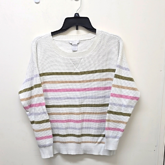 DESIGN HISTORY 🛍 Striped Women's Knit Sweater - White, Pink, Tan - SIZE - Picture 1 of 7
